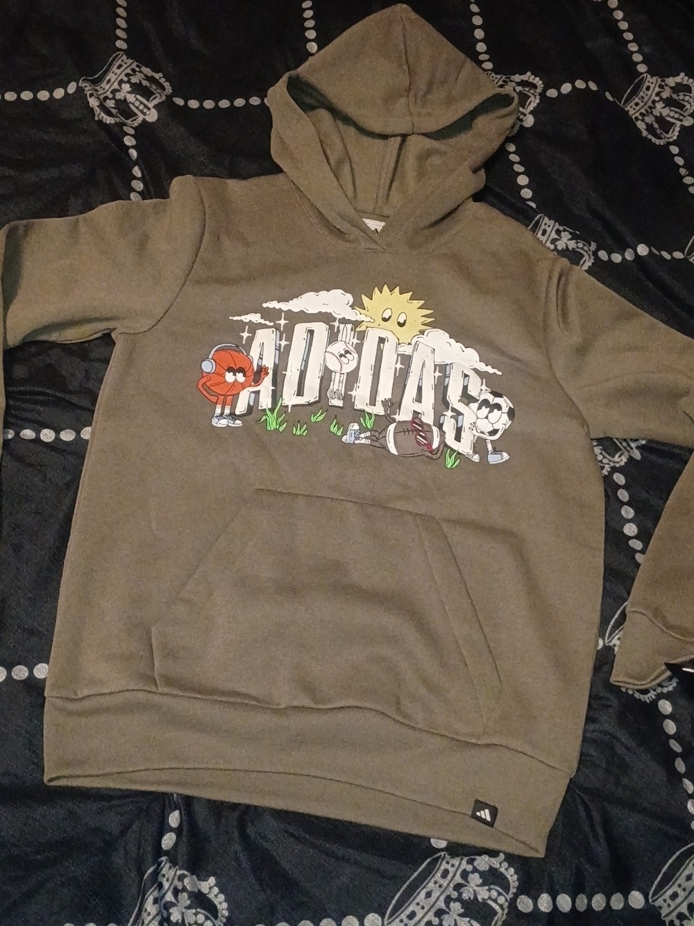 adidas Olive Green Hoodie with Sunny Cartoon Graphic